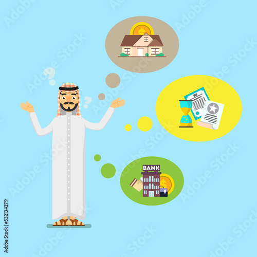 Arabian businessman in traditional clothing think about investing. Smart investment opportunity in securities, real estate or bank deposit. Business people banner, finance savings vector illustration