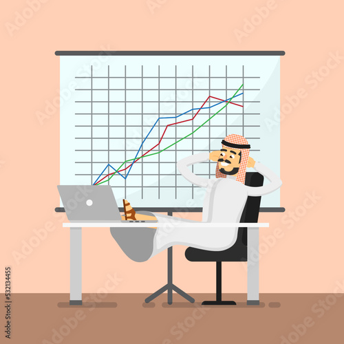 Happy arabian businessman sitting with feet on table near whiteboard with grow financial graph. Smart investment, professional data analysis, finance statistics and analytics vector illustration.