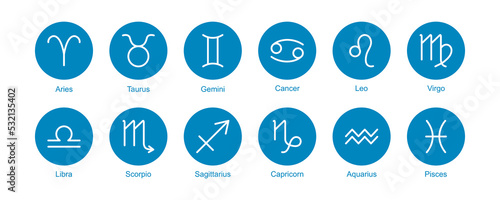 Zodiac sign vector, horoscope icon, astrology star symbol, twelve element set, blue circle pictogram isolated on white background. Simple line illustration