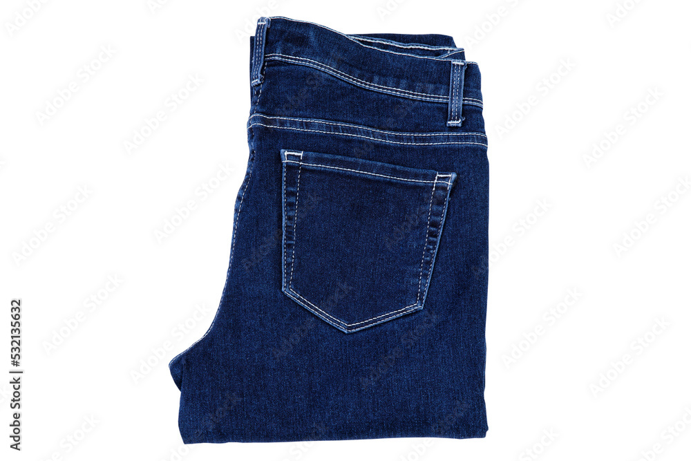 Blue jeans isolated on white background. Closeup female denim pants. Top view and mock up. Copy space flat lay fashion cloth. Back side pocket. Blue jeans isolated on white background. Closeup female denim pants. Top view and mock up. Copy space flat lay fashion cloth. Back side pocket.