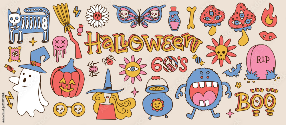 Big set of 70s halloween psychedelic clipart elements. Retro groovy graphic items of pumpkin, skull, eye, mushrooms, butterfly and witch. Cartoon linear hippy stickers. Vintage vector illustrations