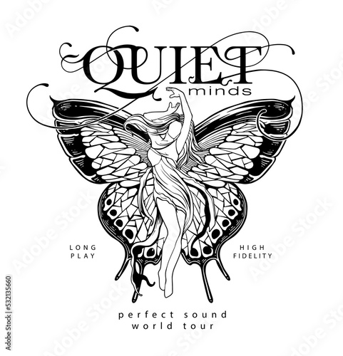 butterfly, girl and custom script slogan print design 