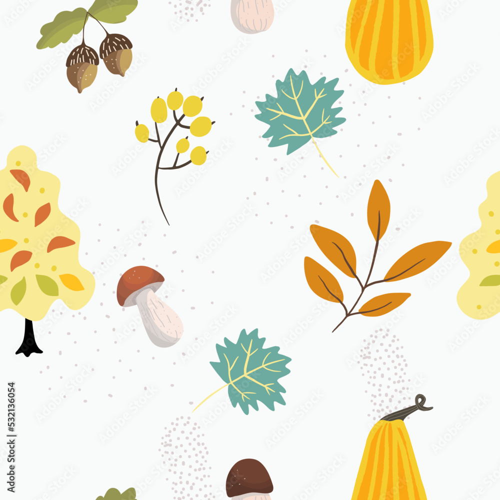 Seamless vector pattern with autumn forest, berries, mushrooms, pumpkin, trees, acorns, twigs, autumn vibes, suitable for Thanksgiving, Halloween. Seamless vector pattern with autumn forest, berries, mushrooms, pumpkin, trees, acorns, twigs, autumn vibes, suitable for Thanksgiving, Halloween.