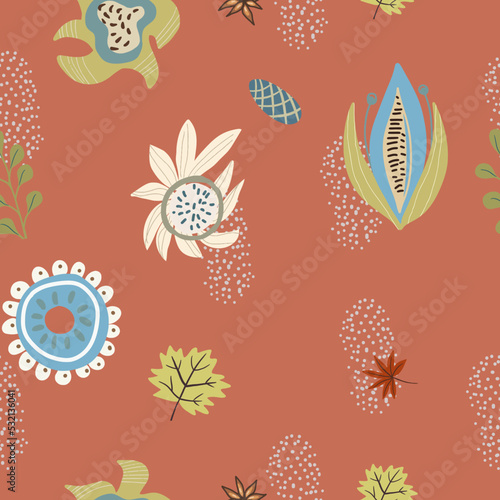Seamless vector pattern with natural, natural shades, abstract flowers, cinnamon, maple leaf, cones, autumn vibes, suitable for Thanksgiving, Halloween.