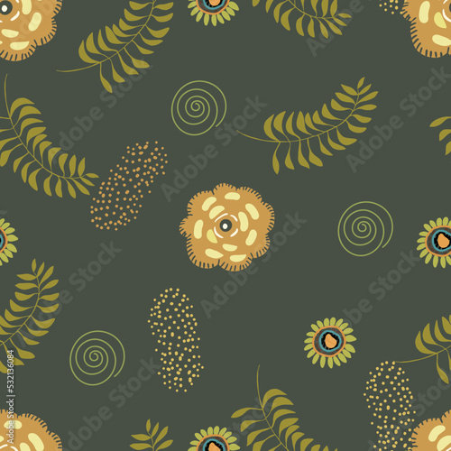 Seamless vector pattern on a green background, with flowers, twigs, twigs, plants, leaves, autumn vibes, suitable for Thanksgiving, Halloween and Christmas.