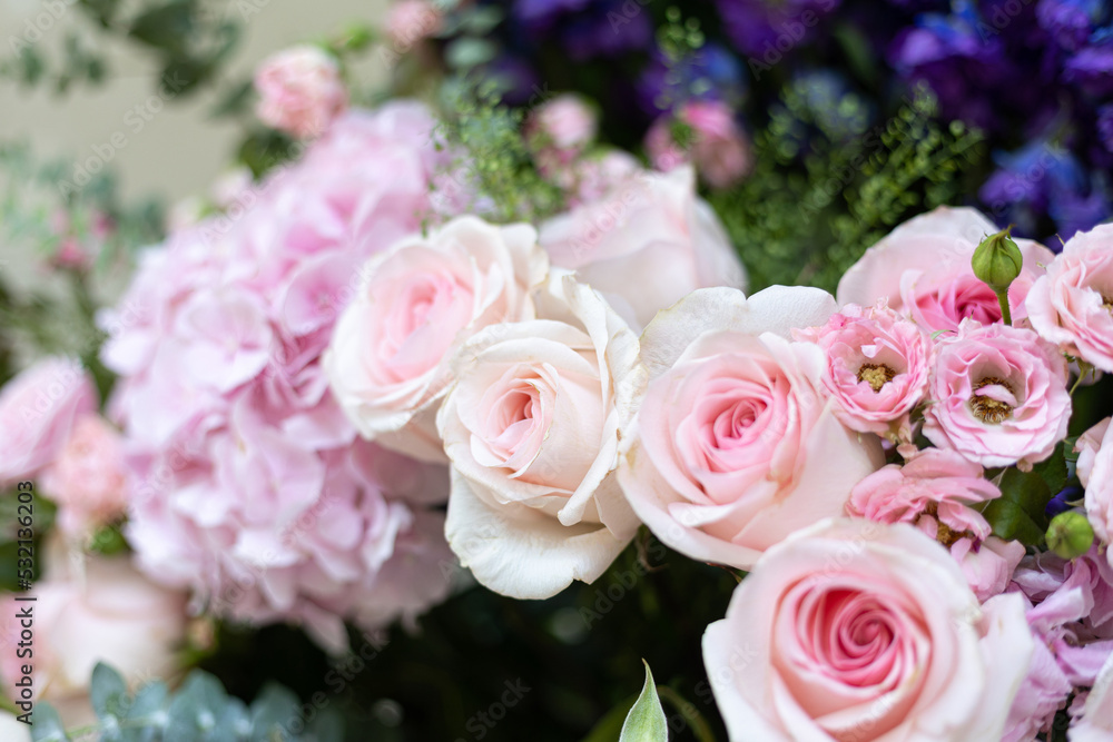 bouquet of pink, white roses, Hydrangea and purple flowers, green leaf