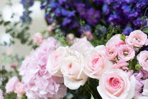 bouquet of pink  white roses  Hydrangea and purple flowers