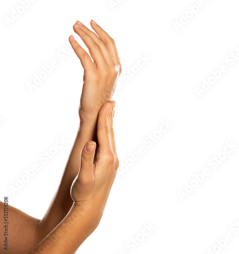 Female hands  skin care  isolated on white background.