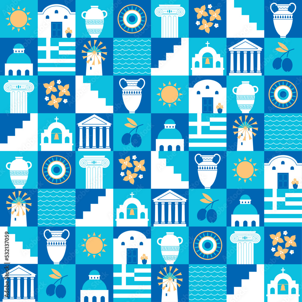 Greek pattern with square tiles, set of traditional symbols of Greece. Blue, White and Gold travel icons, culture, elements, buildings, sun, sea, vacation