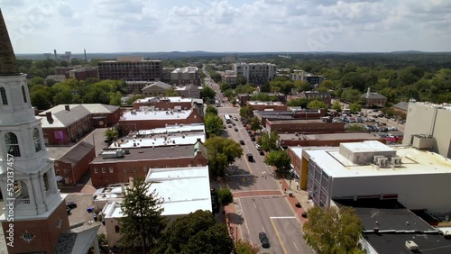 aerial push by church along franklin street in chapel hill nc, north carolina photo