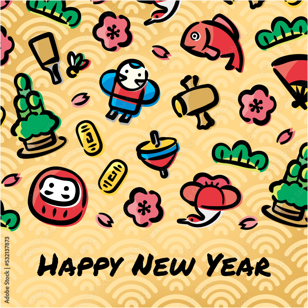 Japanese New Year Illustration for banners, backgrounds, New Year's cards, and various promotions.(Square,English version)
