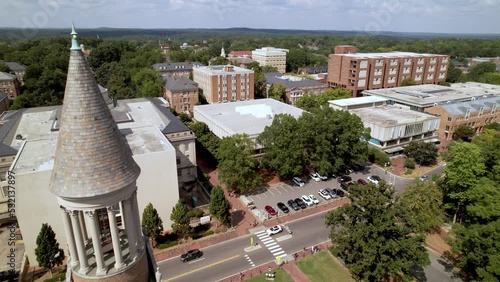 aerial past the moorehead patterson clock tower towards the unc chapel hill campus photo