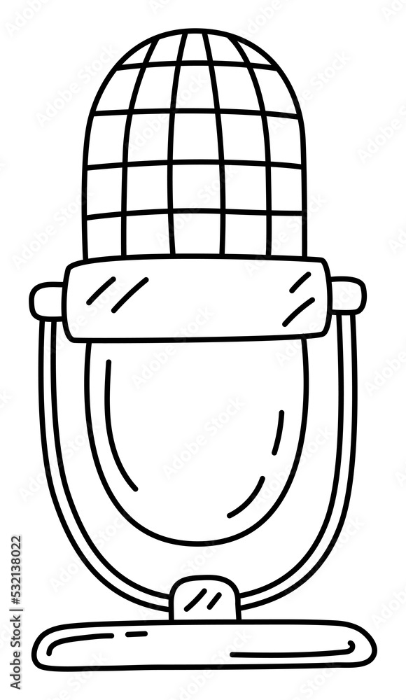 Microphone line sketch. Podcast or music item. Editable outline. Hand drawn black and white icon Microphone line sketch. Podcast or music item. Editable outline. Hand drawn black and white icon