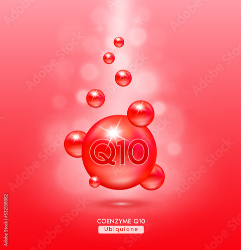 Vitamin coenzyme Q10 red ball fall to ground. Serum vitamins complex with chemical formula. Beauty treatment nutrition skin care design. Medical and scientific concepts. 3D Realistic Vector EPS10.