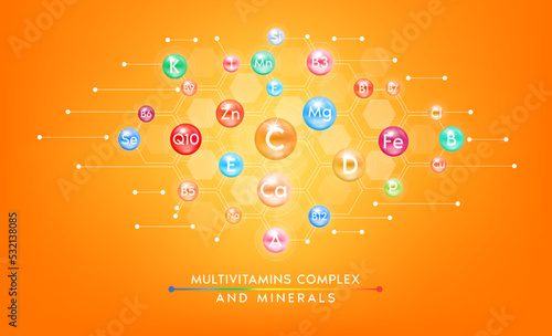 Minerals and vitamins complex. Multivitamins capsules isolated on orange background. Dietary supplement for pharmacy clinic advertisement package banner design. Science medic concept. 3D vector EPS10.