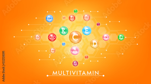 Multivitamins capsules isolated on orange background vector. Vitamins complex minerals. Dietary supplement for pharmacy advertisement, vitamins package design. Science medic concept.