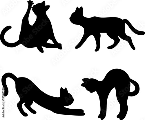 Set of silhouette of cats. Isolated black silhouette of running, sitting, washing, playing cat on white background.