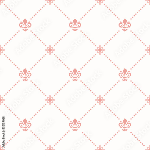 Seamless vector pattern. Modern geometric ornament with pink royal lilies. Classic background