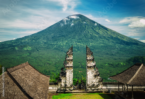 Ancient asian temple in Mountains. Bali Indonesia, mount Agung view from Lempuyang Temple