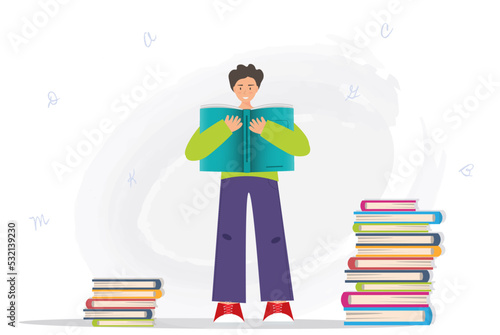 Happy young man, student holding book in her hands, reading books, education concept, home library concept, reading is power concept, flat vector illustration