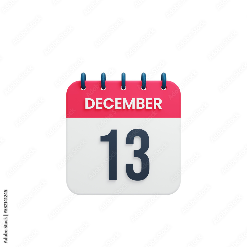 December Realistic Calendar Icon 3D Rendered Date December 13 December Realistic Calendar Icon 3D Rendered Date December 13