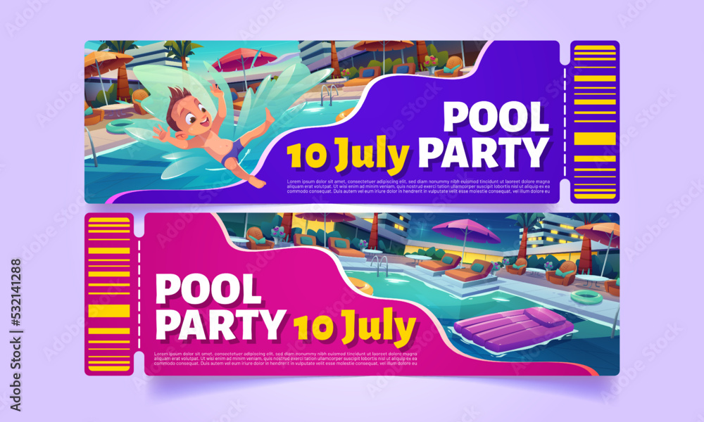 Tickets or coupons to pool party in luxury hotel. Invitation flyers design with happy boy jump in water and swimming pool with lounge chairs and umbrellas at night, vector cartoon illustration Tickets or coupons to pool party in luxury hotel. Invitation flyers design with happy boy jump in water and swimming pool with lounge chairs and umbrellas at night, vector cartoon illustration