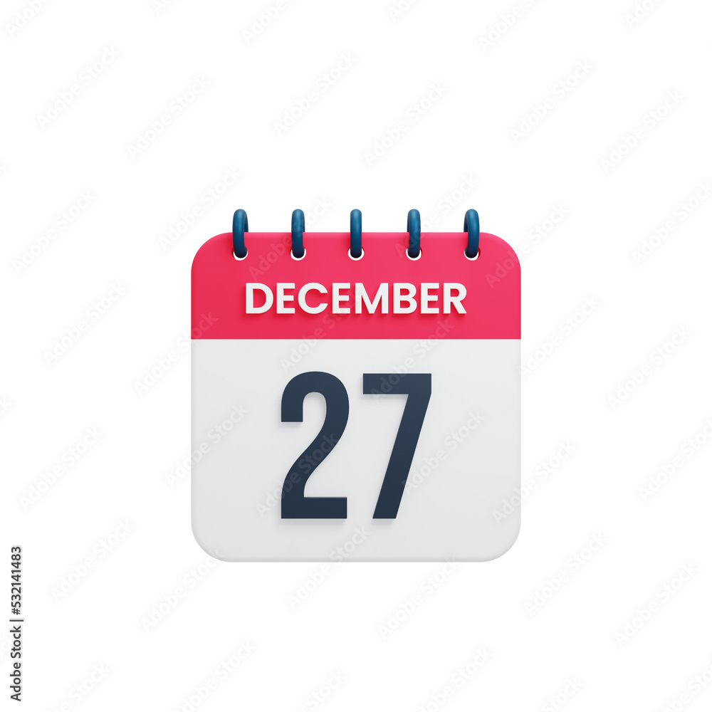 December Realistic Calendar Icon 3D Rendered Date December 27 December Realistic Calendar Icon 3D Rendered Date December 27
