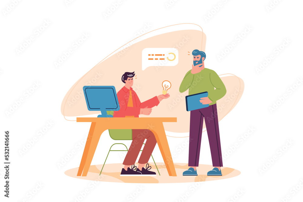 Digital business concept with people scene in the flat cartoon design. Employee explains to the manager how to transfer all business data to the computer. Vector illustration.