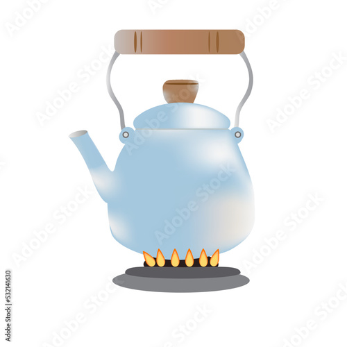 Vector illustration of blue kettle on fire