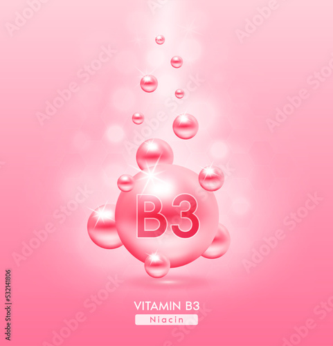 Vitamin B3 pink ball fall to ground. Serum vitamins complex with chemical formula. Beauty treatment nutrition skin care design. Medical and scientific concepts. 3D Realistic Vector EPS10.