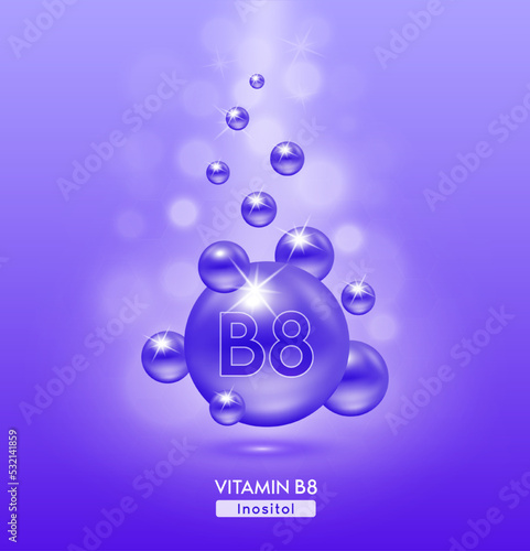 Vitamin B8 blue ball fall to ground. Serum vitamins complex with chemical formula. Beauty treatment nutrition skin care design. Medical and scientific concepts. 3D Realistic Vector EPS10.