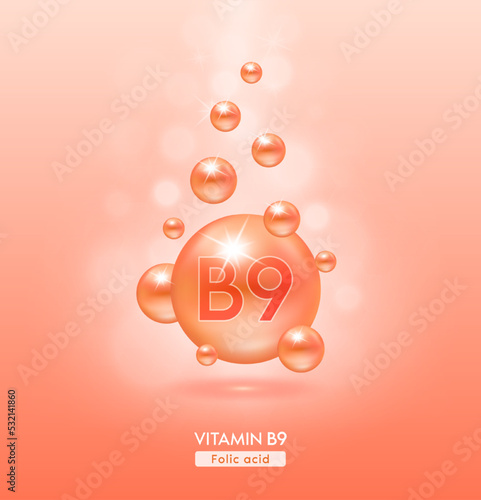 Vitamin B9 orange ball fall to ground. Serum vitamins complex with chemical formula. Beauty treatment nutrition skin care design. Medical and scientific concepts. 3D Realistic Vector EPS10.
