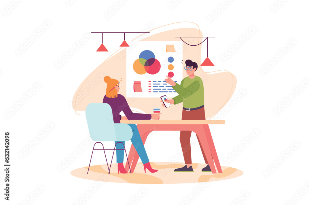 Concept Creative agency with people scene in the flat cartoon design. Two designers are working on the color scheme of the new project. Vector illustration. Concept Creative agency with people scene in the flat cartoon design. Two designers are working on the color scheme of the new project. Vector illustration.