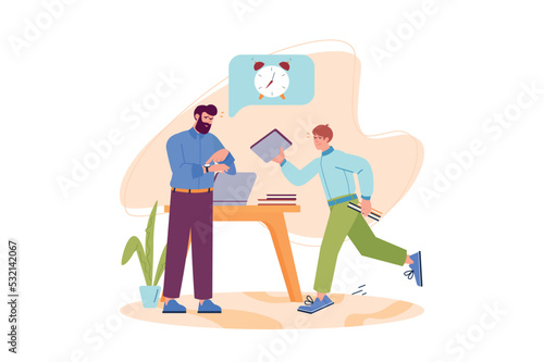 Deadline concept with people scene in the flat cartoon design. Employee hurries to bring the completed task to the boss. Vector illustration.