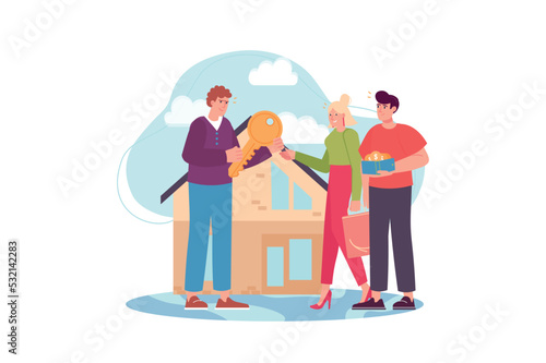 Real estate concept with people scene in the flat cartoon design. Employee of a real estate firm gives a young couple the key to their new home. Vector illustration.