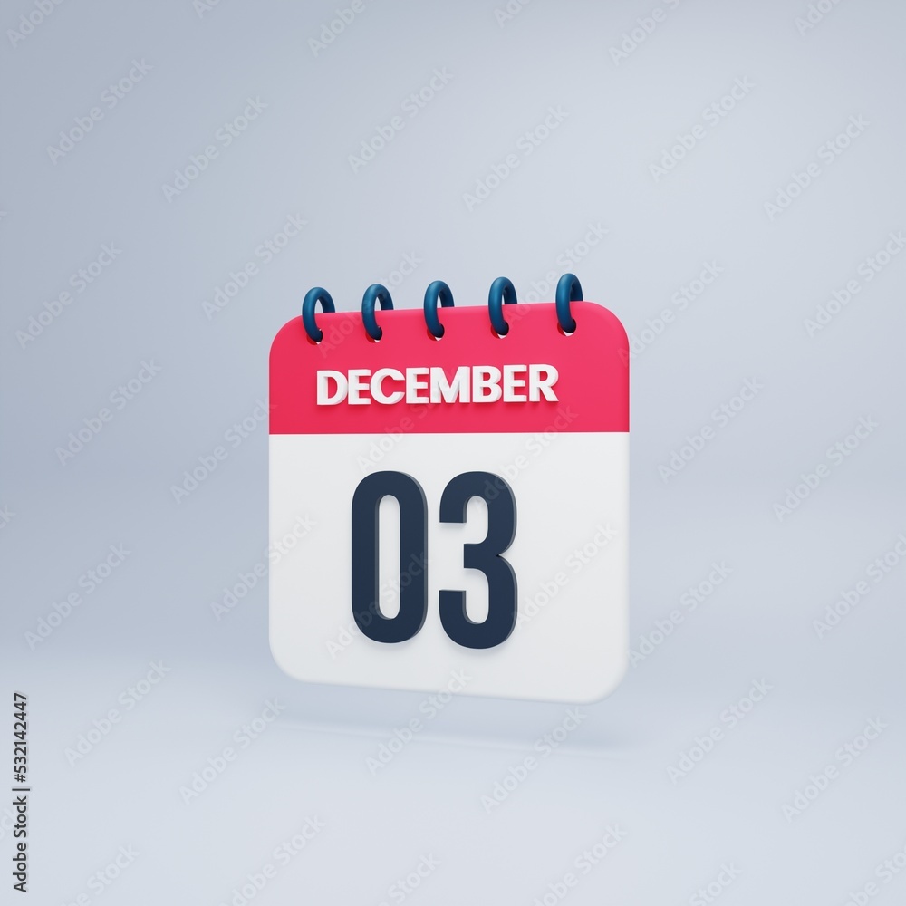 December Realistic Calendar Icon 3D Rendered Date December 03 December Realistic Calendar Icon 3D Rendered Date December 03