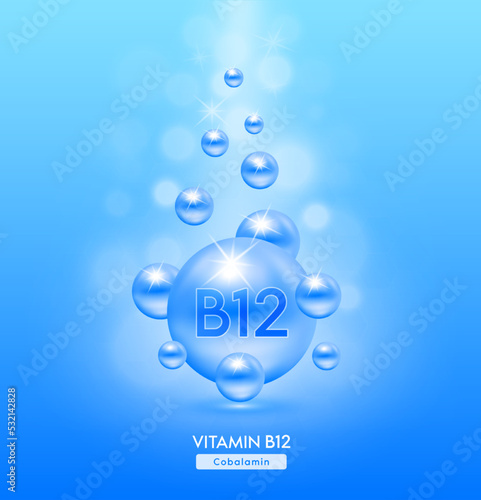 Vitamin B12 blue ball fall to ground. Serum vitamins complex with chemical formula. Beauty treatment nutrition skin care design. Medical and scientific concepts. 3D Realistic Vector EPS10.