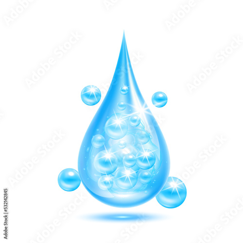 Vitamin collagen serum or essence drop isolated on white background. Solution complex blue shining with bubbles. Beauty treatment nutrition skin care design. Medical scientific concepts. 3D vector.