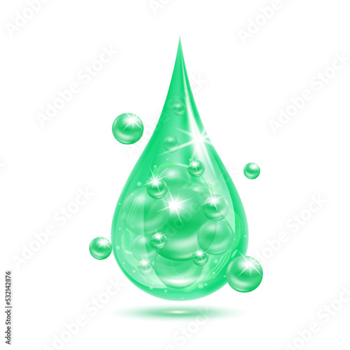 Vitamin collagen serum or essence drop isolated on white background. Solution complex green shining with bubbles. Beauty treatment nutrition skin care design. Medical scientific concepts. 3D vector.