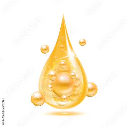 Vitamin collagen serum or essence drop isolated on white background. Solution complex orange shining with bubbles. Beauty treatment nutrition skin care design. Medical scientific concepts. 3D vector.