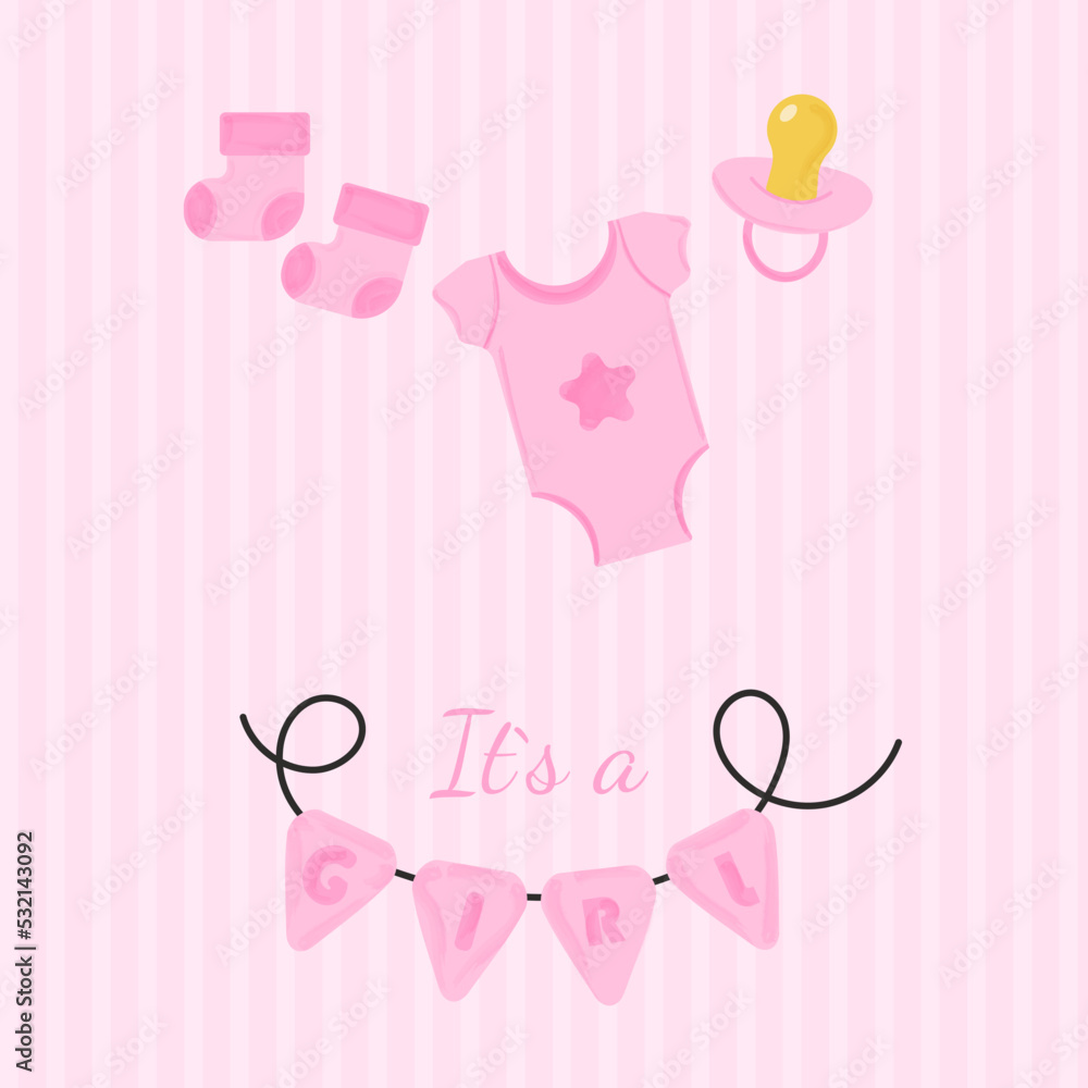 Invitation, card baby shower is a girl. Vector illustration
