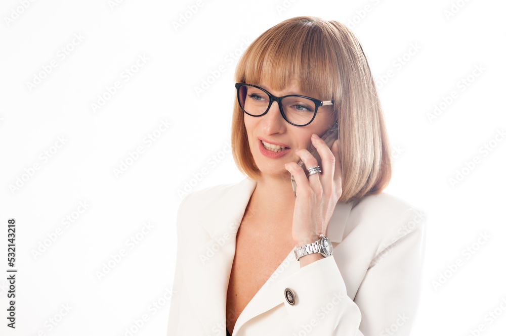 Businesswoman in eyeglasses wearing white formal suit on white background