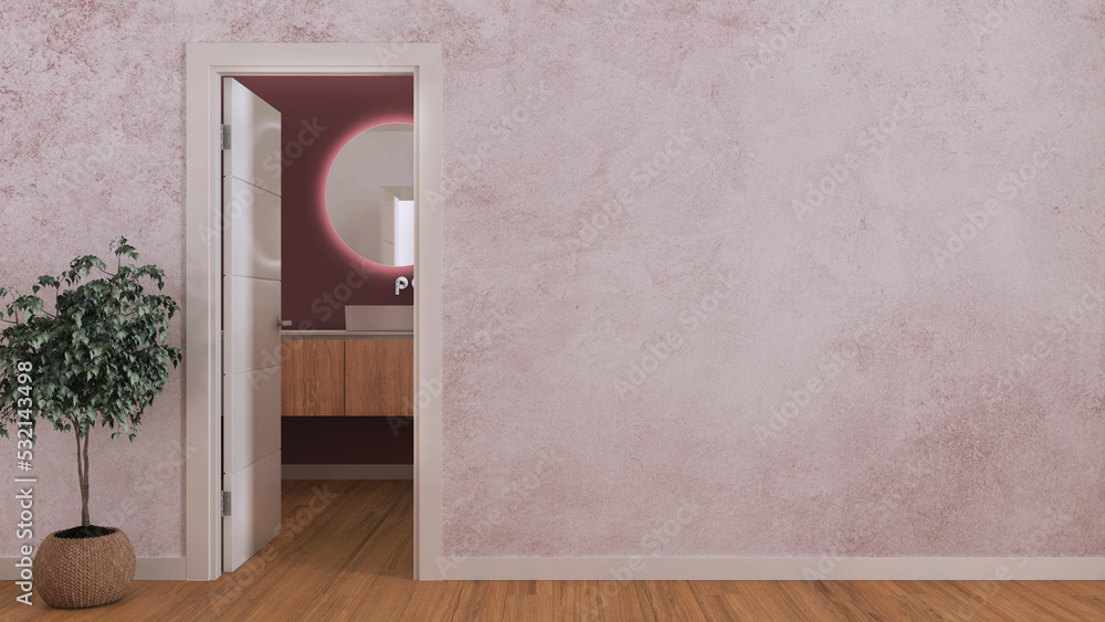 Open door on modern bathroom with washbasin, mock up with copy space. Empty room with parquet floor and red wallpaper. Minimalist interior design Open door on modern bathroom with washbasin, mock up with copy space. Empty room with parquet floor and red wallpaper. Minimalist interior design