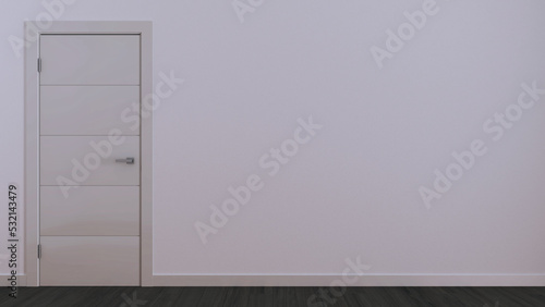 Closed door on white wall  mock up with copy space. Empty room with parquet floor in dark tones. Minimalist interior design