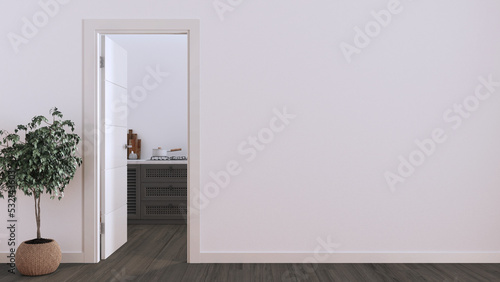 Open door on wooden rattan kitchen with gas hob  mock up with copy space. Empty room with dark parquet floor and white wall. Minimalist interior design