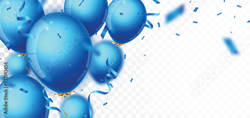 Birthday Celebrations banner with blue, white balloons and confetti