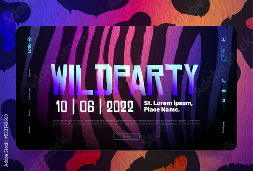 Wild party landing page, night club invitation with holographic fur textures, ombre animal skin pattern, zebra or tiger stripes and cheetah dots on glowing neon background, Vector web banner