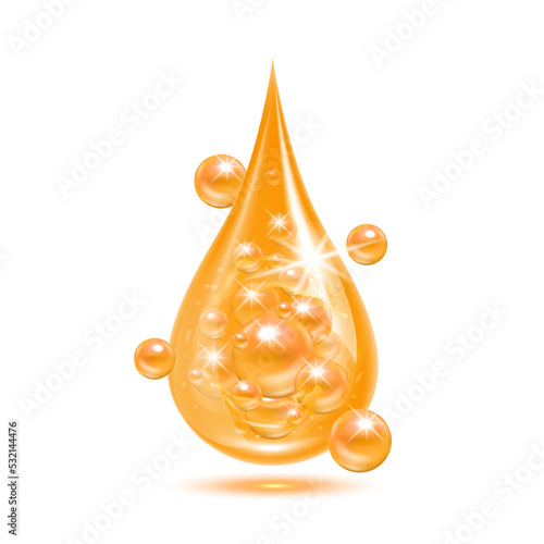 Vitamin collagen serum or essence drop isolated on white background. Solution complex orange shining with bubbles. Beauty treatment nutrition skin care design. Medical scientific concepts. 3D vector.