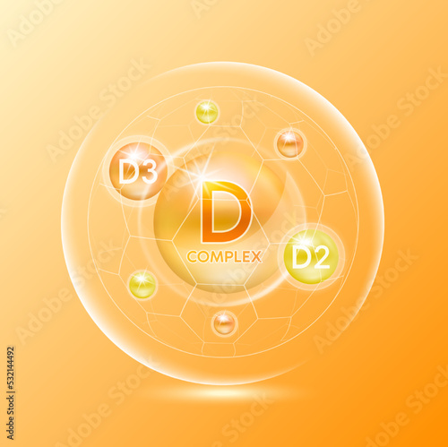 Vitamin D complex minerals. Multivitamins capsules isolated on orange background vector. Dietary supplement for pharmacy advertisement, vitamins package design. Science medic concept.