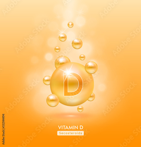 Vitamin D orange ball fall to ground. Serum vitamins complex with chemical formula. Beauty treatment nutrition skin care design. Medical and scientific concepts. 3D Realistic Vector EPS10.